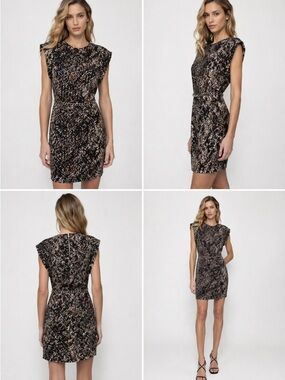 DKNY Black and Brown Patterned Cap-Sleeve Mini Dress